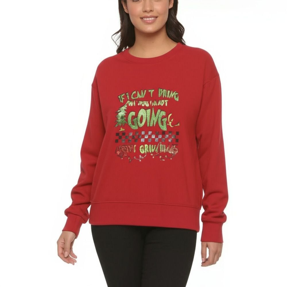 New Red Sweatshirt Womens Size S Grinch Graphic Christmas Glitter Print Holiday